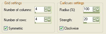 Curlycues: colums and rows - 4, symmetric checked, radius - 100, strength - 20, clockwise checked